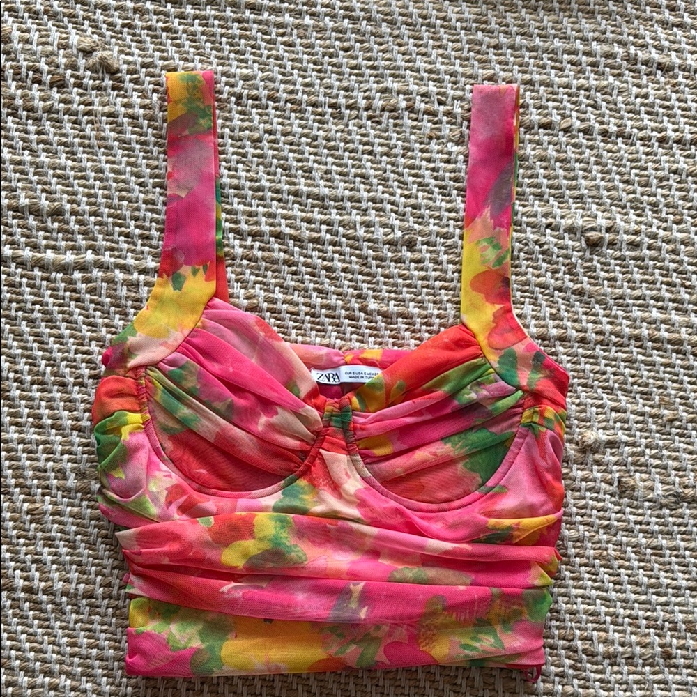 Zara Pink Ruched Crop Bustier Tank Top